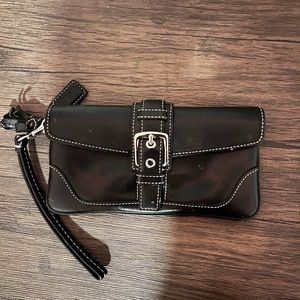 Coach Black Leather Front Buckle Flap Wristlet Wallet